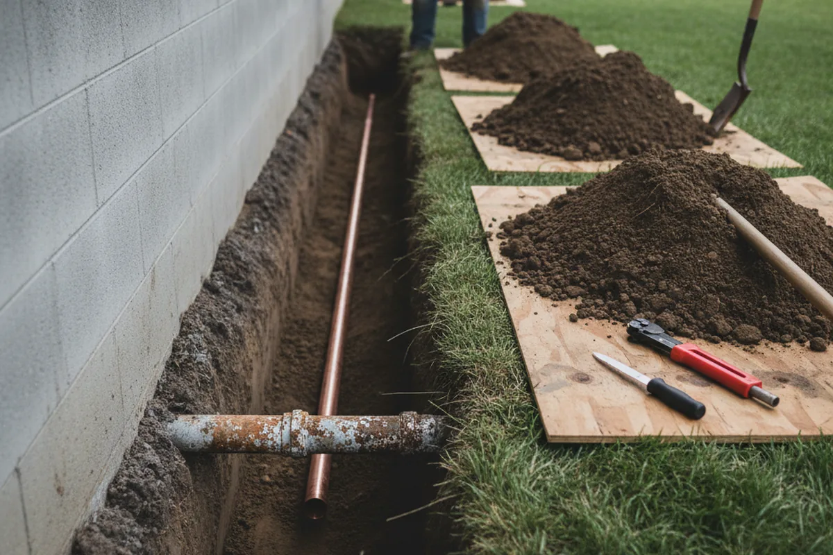 Excavated water line trench during Water Softener Installation in Compton